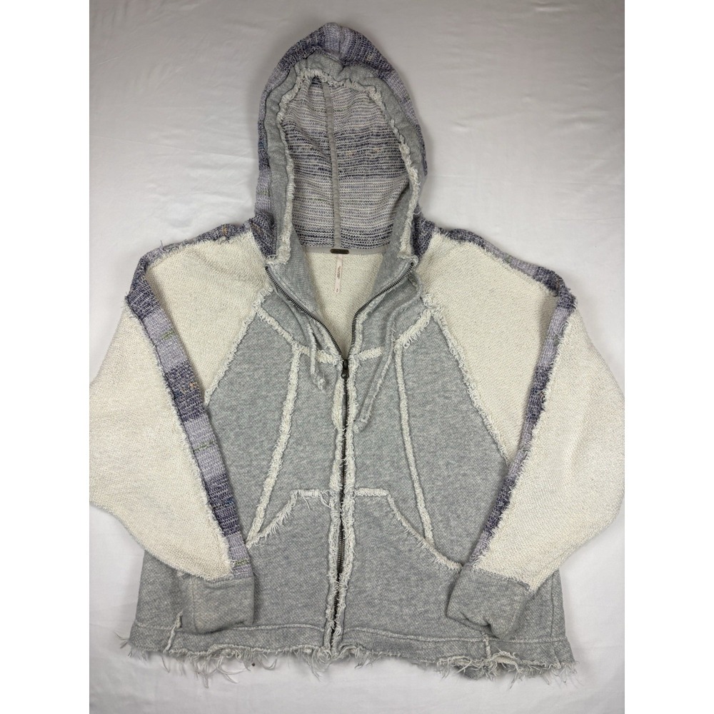 Free People Hoodie Gray Oversized Frayed Distressed Zip Boho Women's Small.